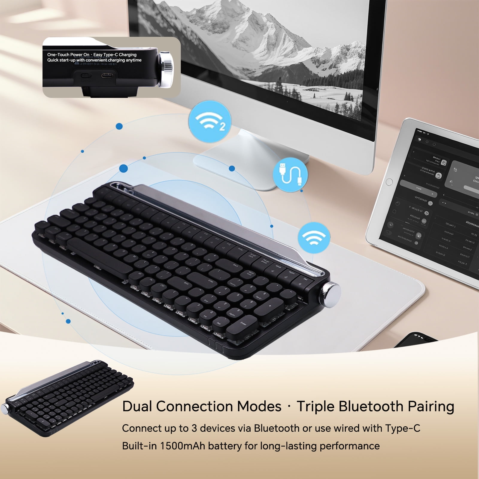 ACTTO B705 Retro Mechanical Keyboard, Black, Dual-Mode Bluetooth & Wired, Knob & Stand, Blue Switch, RGB Backlight, for Gaming & Office