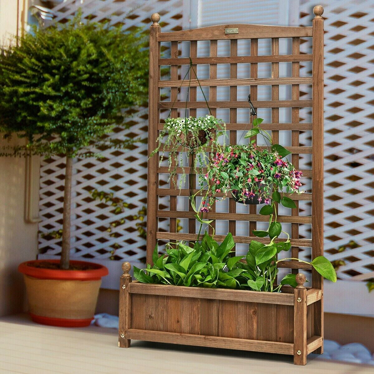 Solid Wood Planter Box with Trellis Weather-resistant Outdoor Climbing