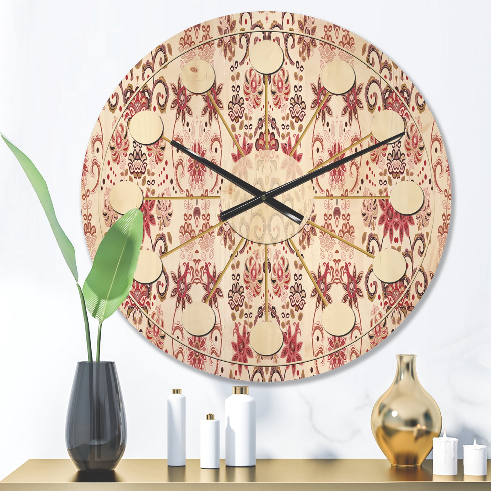 Designart 'Red Ornamental Retro Pattern' Mid-Century Modern Wood Wall Clock
