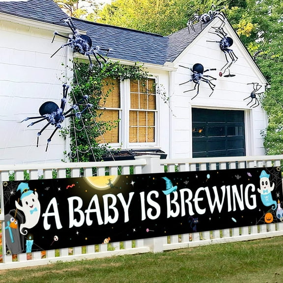 Halloween A Baby Is Brewing Large Banner, Halloween Baby Shower Decorations Yard Sign Banner Blue for Baby Boy Baby Shower Gender Reveal Party Supplies