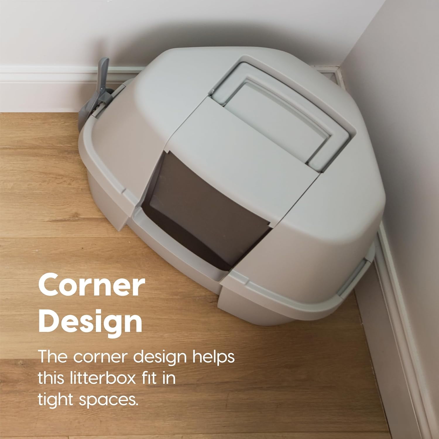 IRIS USA Large Corner Cat Litter Box with Lid | Enclosed Design, Scoop, Handle & Buckles, Gray