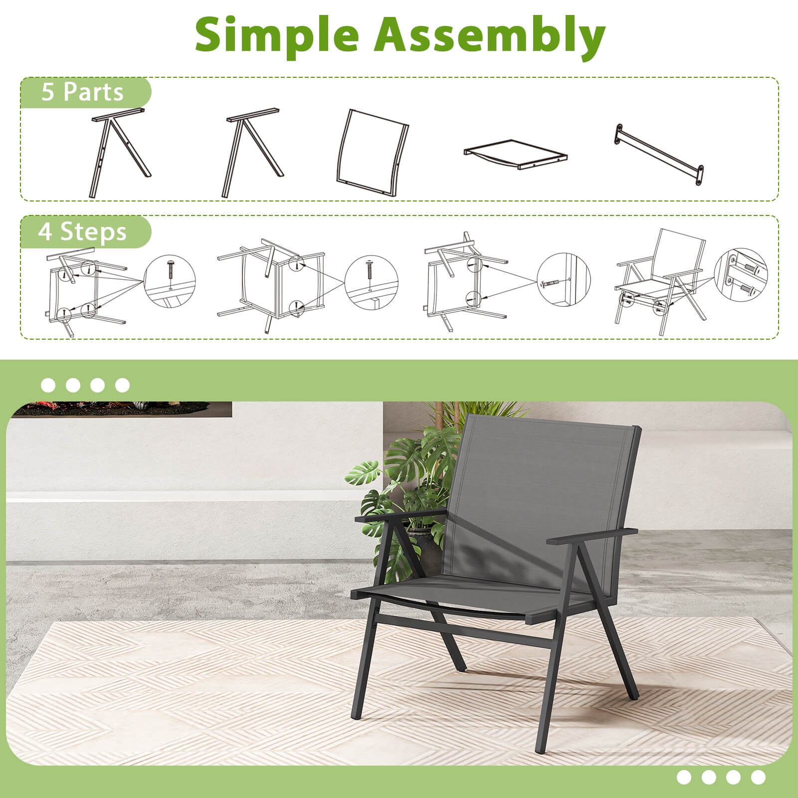 Costway Patio Chairs Set of 4with Breathable Mesh Fabric and Metal Frame 350LBS Capacity