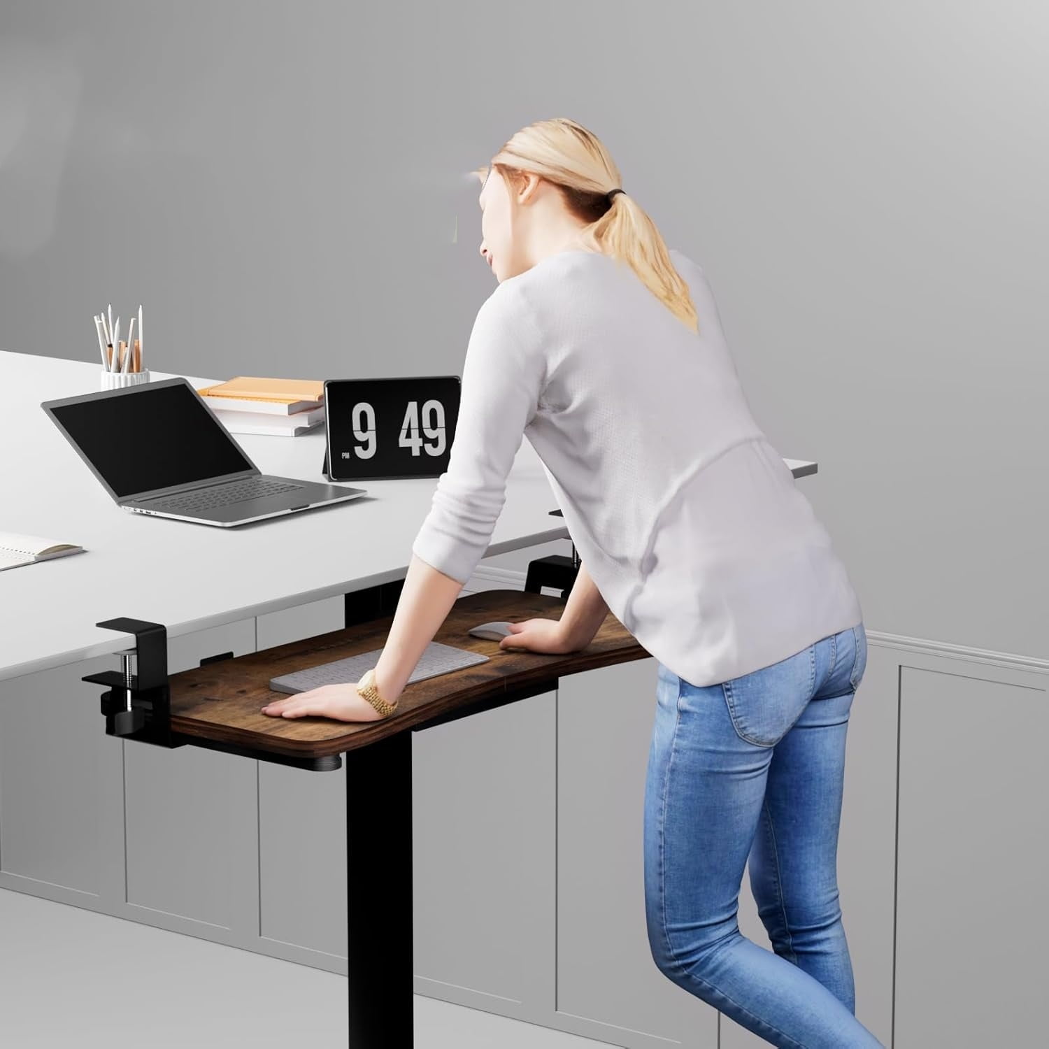 Desktop Keyboard Tray, Under Desk Pull Out,25.59" X 11.81" Large Size Radian Keyboard Tray with C-Clip Mount, Easy Installation, Computer Keyboard Stand, for Home Study and Office(Wood)