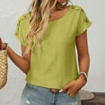 thumbnail image 3 of DuoJiaJ Women Casual Solid Color Blouse Jacquard Hollow Short Sleeved Top Casual V-Neck Tops Yellow L, 3 of 5