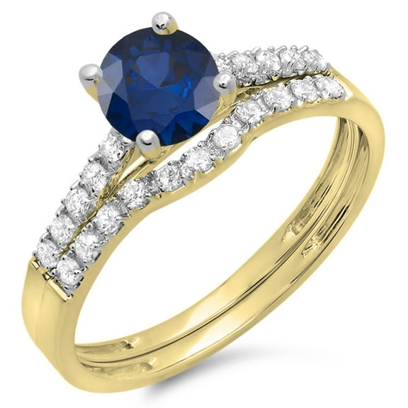 14K Yellow Gold Round Blue Sapphire & White Diamond Bridal Engagement Ring Set ( Size 5)
