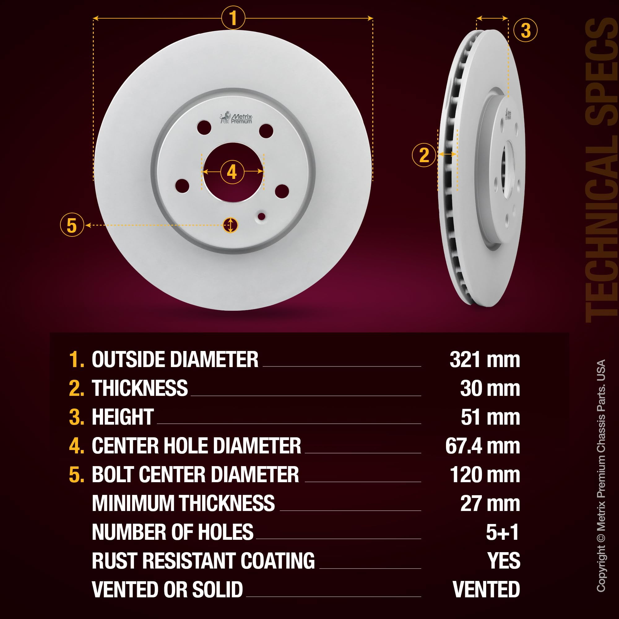 Metrix Premium Chassis Parts - 12.64 inch (321mm) Front Coated Vented Disc Brake Rotor Fits Chevrolet Equinox, Chevrolet Impala, Buick LaCrosse, Regal, GMC Terrain, Malibu, Camaro 580746FZN