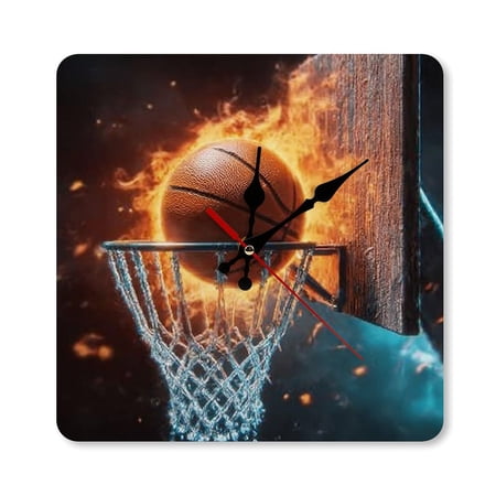 RKSupls 10×10inch Basketball Fire Hoop Sport Square Unmarked Wall Clock Silent Non-Ticking Home Decor for Bedroom Living Room Office Classroom Easy to Install