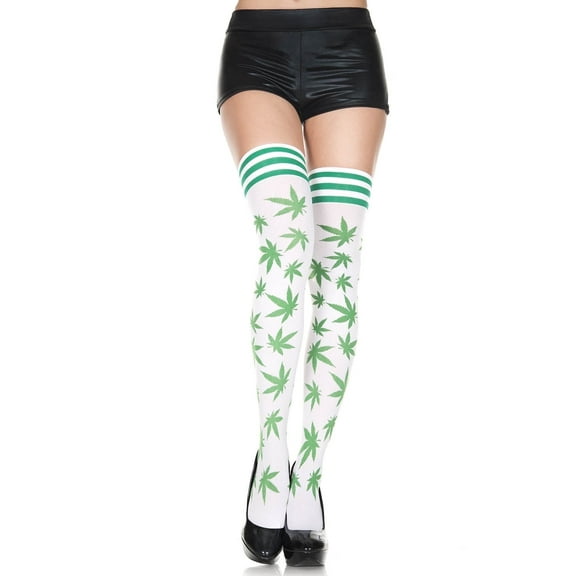 Music Legs Women's Leaf print with striped top th 4278 White/Green 4278-WHITE/GREEN