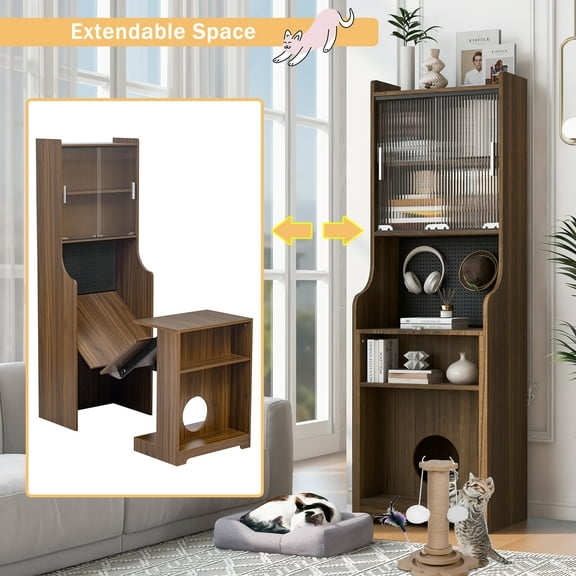 YIYADO 2-in-1 retro multifunctional cabinet with cat scratching board bed, cat supplies, pet toys