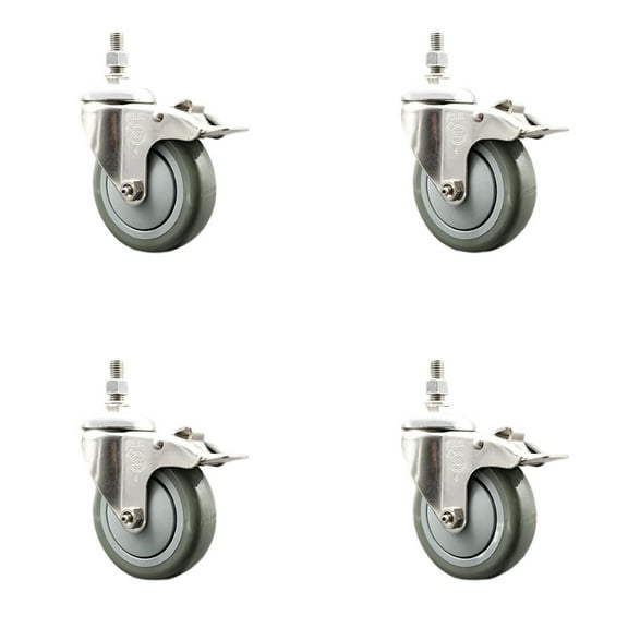 4 Inch 316SS Gray Polyurethane Wheel Swivel 10mm Stem Caster Set Lock Brake