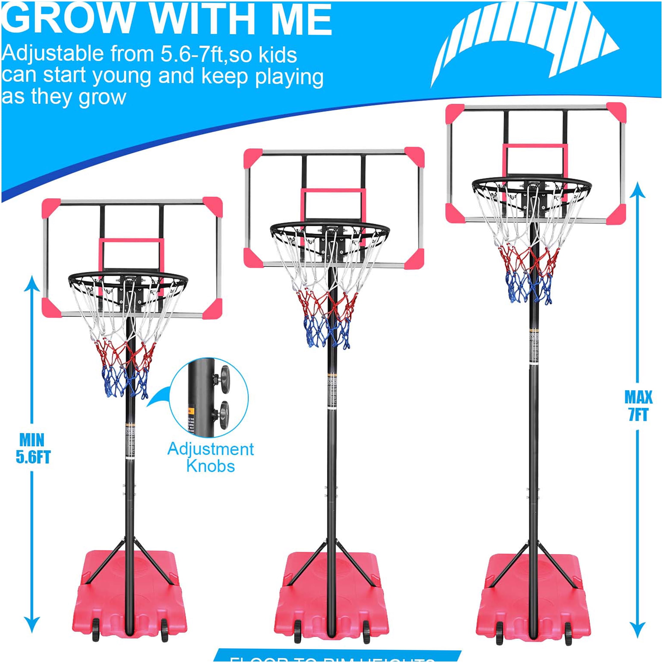 JERFIT Portable Basketball Hoop for Kids & Teens, Adjustable Height 5.6ft-7ft, Pink Iron Hoop with Wheels & Stable Base, 28" Backboard for Indoor Outdoor Use