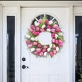 thumbnail image 4 of 18 Inches Tulip Front Door  Decoration, Spring Silk Artificial Flowers with Green Leaves for Window Wall Wedding Valentines and Mother Day Decor, Pink and White Wreath, 4 of 7