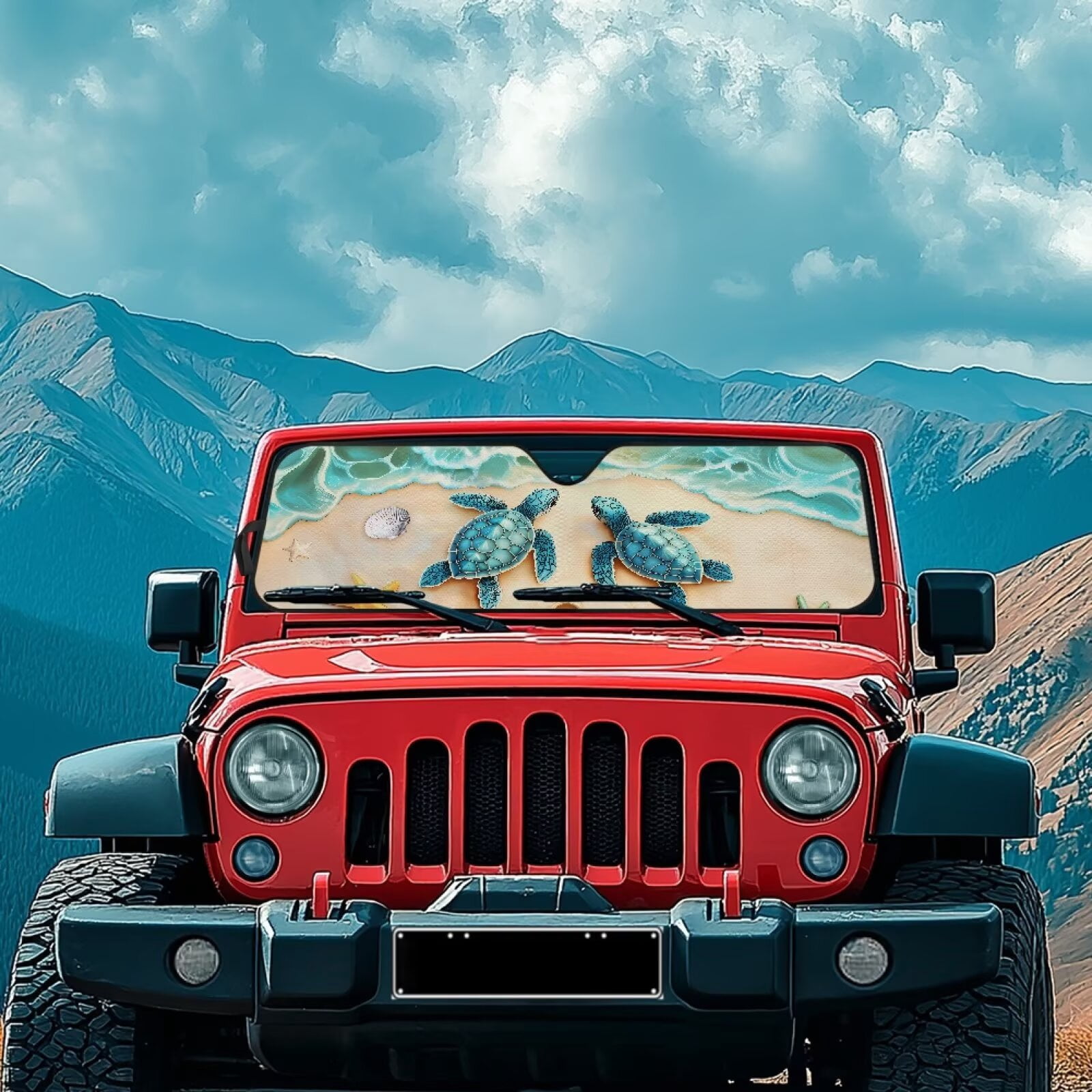 Binienty Beach Sea Turtle Car Sun Shade Windshield Auto Sun Visor Heat Protection for Jeep Wrangler TJ 1997-2006 Foldable UV Blocking Front Window Sunshade 52x16" Easy Installation