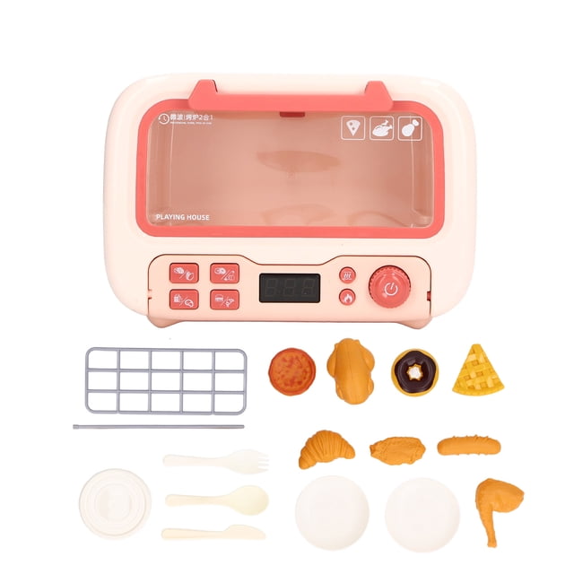 Simulación de horno de microondas, modelo de música ligera, cuchillo, tenedor, modelo de comida, juguetes de cocina en miniatura para niños, color rosa