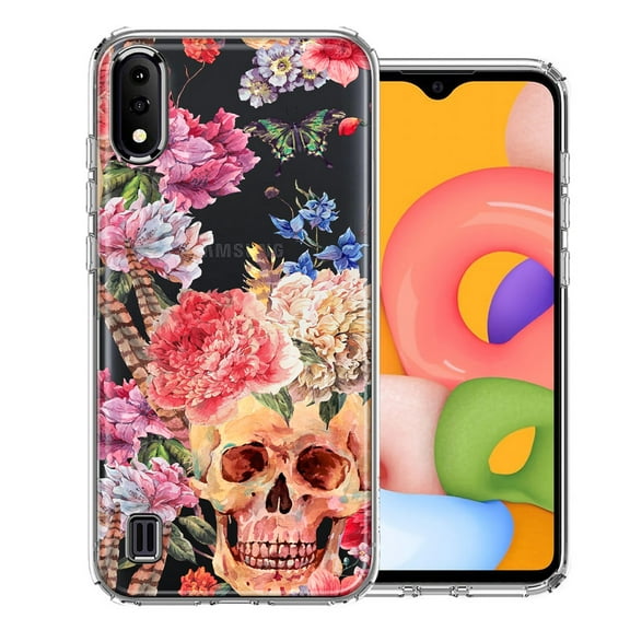 MUNDAZE Case For Samsung Galaxy A01 Indie Spring Peace Skull Feathers Floral Butterfly Flowers Phone Cover