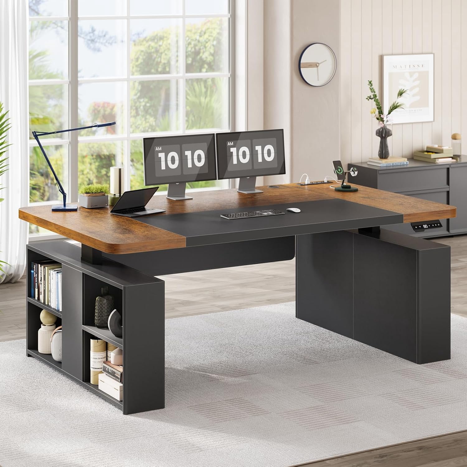 SEDETA 63" Standing Office Desk with Storage, Height Adjustable Executive Desk witj Power Outlets & Open Shelves, Large Computer Desk with Privacy Panel for Home Office, Black