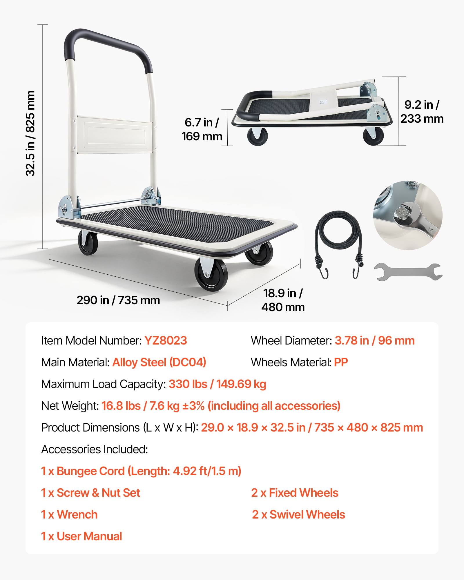 VEVOR Foldable Push Cart Dolly, 330 lbs Load Capacity, Folding Platform Truck with Swivel Wheels, Moving Platform Hand Truck Flatbed Cart, Space Saving Push Handle, 29 x 18.9 x 32.5 in