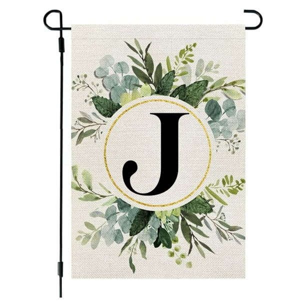 Bandera de lino para jardín, estilo Ins, con estampado de 26 letras y plantas verdes, con la primera letra del apellido, ideal para colgar en la puerta del patio.