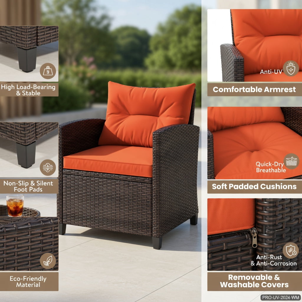 Hommoo 3-Piece Outdoor Rattan Patio Furniture Set with Washable Cushions, Orange