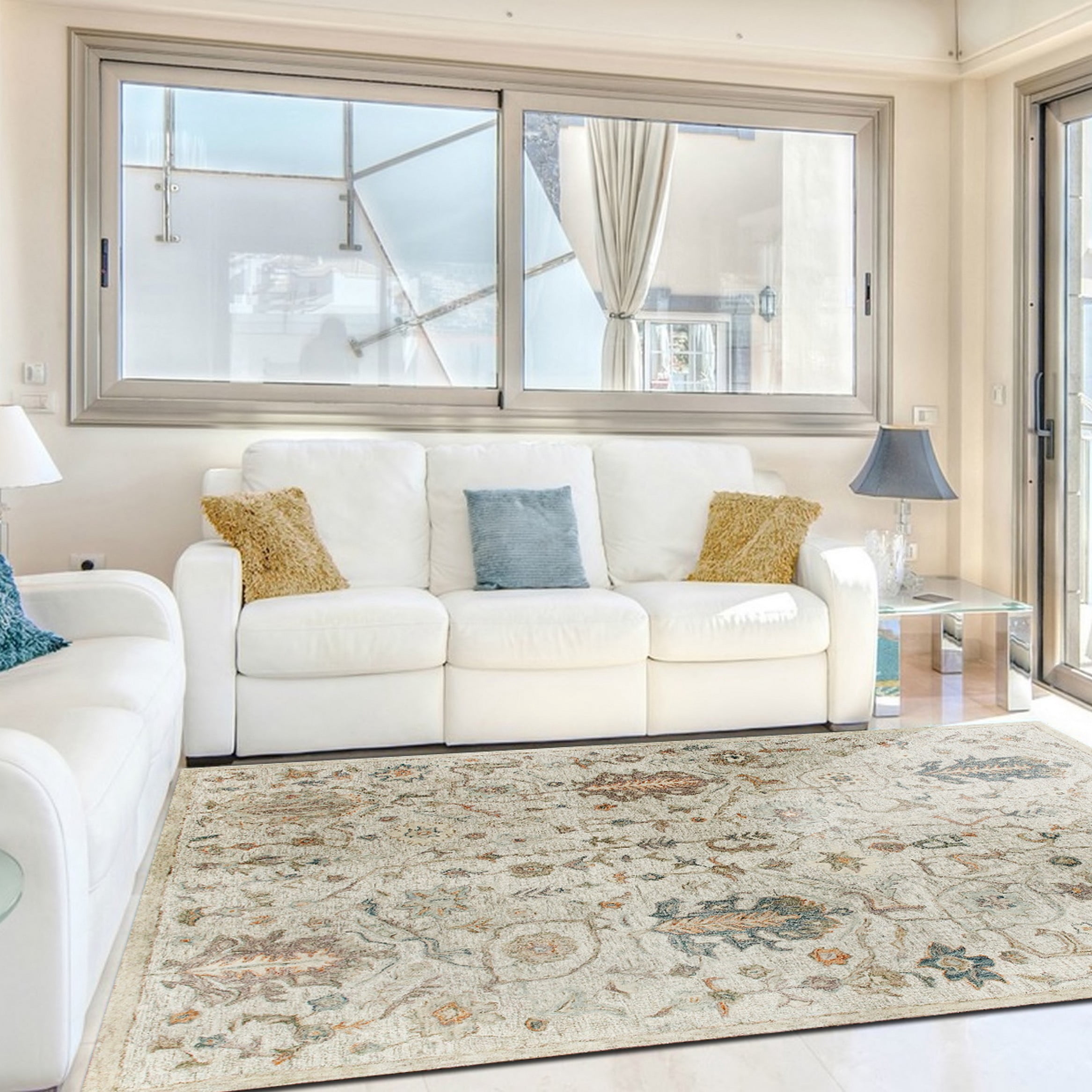 Laddha Home Designs 5' x 7.75' Hand Tufted Abstract Floral Area Throw Rug - Cream and Blue