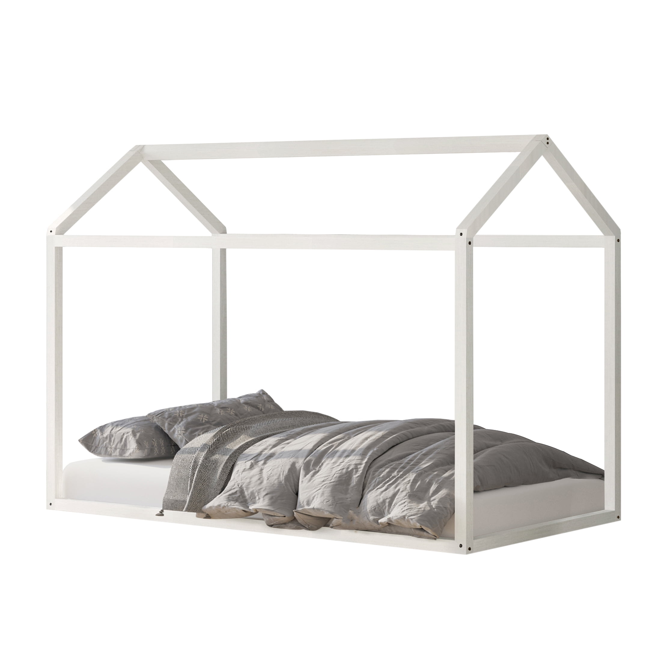 Castle Place Contemporary Wooden Canopy House Kid Twin Bed, Antique White