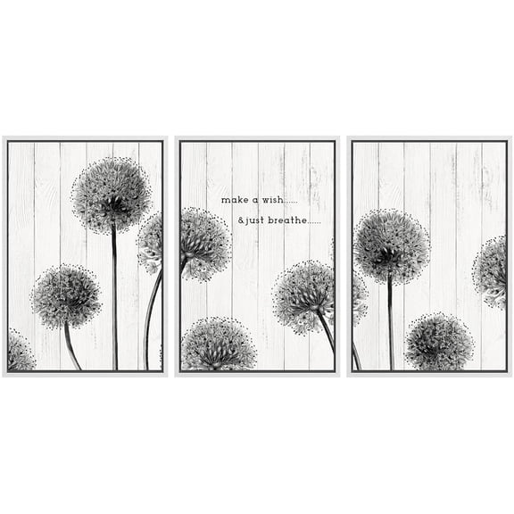 IDEA4WALL Framed Canvas Print Wall Art Set of 3 Dark Dandelion Flowers on Wood Background Wall Decor Retro Vintage Nature Wilderness Botanical Floral Prints Minimal Bohemian Artwork - White 16"x24"x3