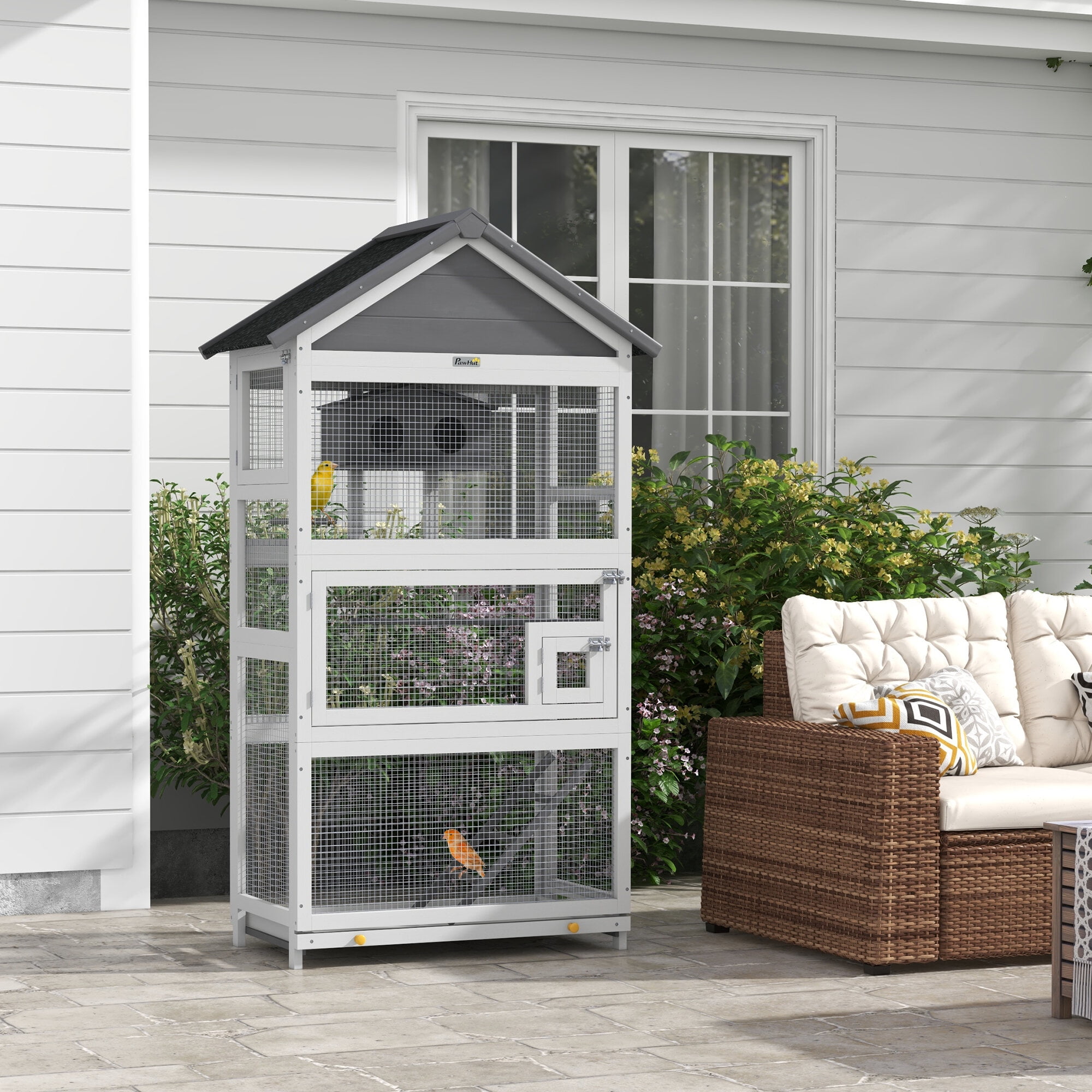 Dog Crate, PawHut Wooden Bird Aviary, 67" Outdoor Bird Cage with Slide-Out Tray, Three Doors, Birdhouse, Ladder, Perches for Finches, Parakeets, Gray, Gray Pet Playpen,Wood Chicken Coop