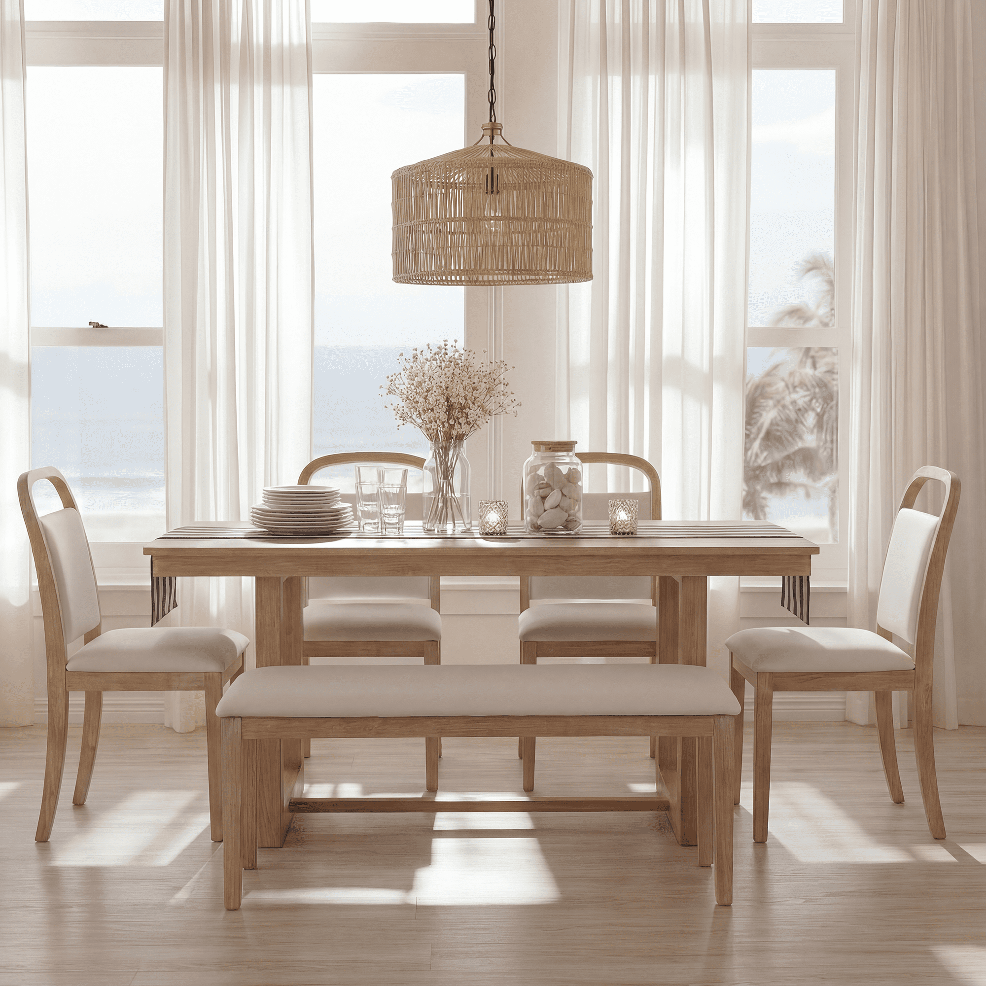 Euroco Farmhouse 6-Piece Dining Table Set for 6, Wood Rectangular Kitchen Table with 4 Upholstered Chairs & 1 Bench for Dining Room, Kitchen,Natural