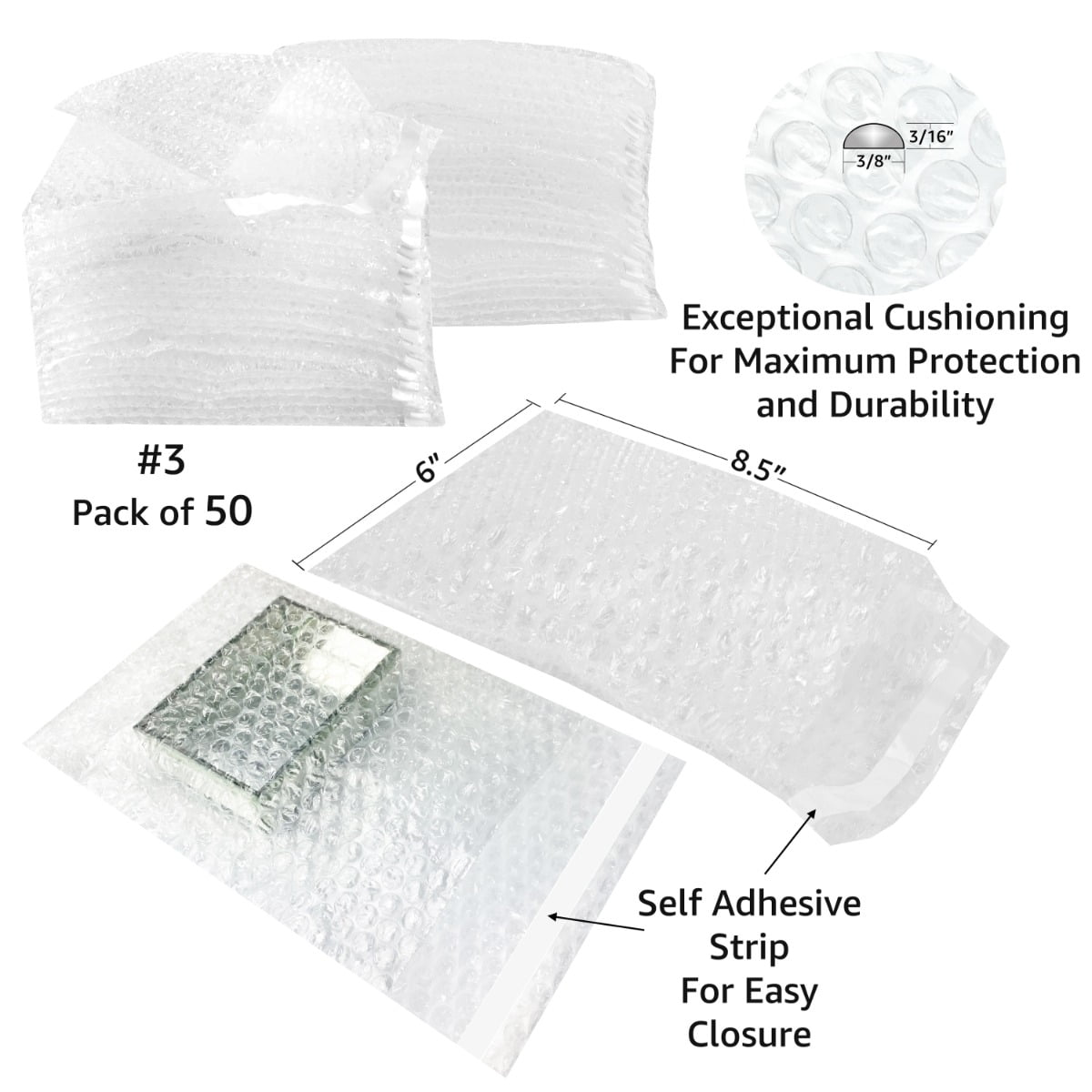 UOFFICE 50-Count Bubble Out Bags, 3/16" Clear, 6" x 8.5",  1 Pack