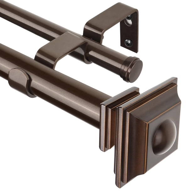 Barra de cortina doble telescópica de 1 pulgada de 72 a 144 pulgadas en bronce antiguo para ventanas de 69 a 140 pulgadas con remates cuadrados