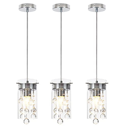 Loclgpm 3 Pack Modern Crystal Pendant Light, Chrome Finish Chandelier Fixture with Clear Glass Shade Hanging for Kitchen Island Dining Room Living Room Bedroom Bar