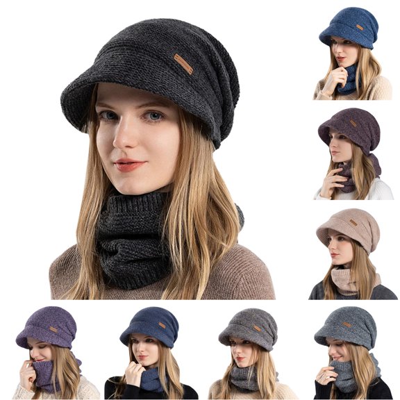 XIAOCHA Women’S Brim‑Attached Beanie Solid Casual Fall‑Winter Toque,F