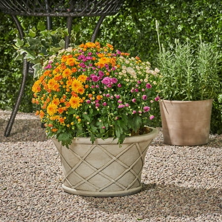 - Grace Garden Urn Planter Pot, Lipped Edge, Lattice Pattern, Antique White Lightweight Concrete