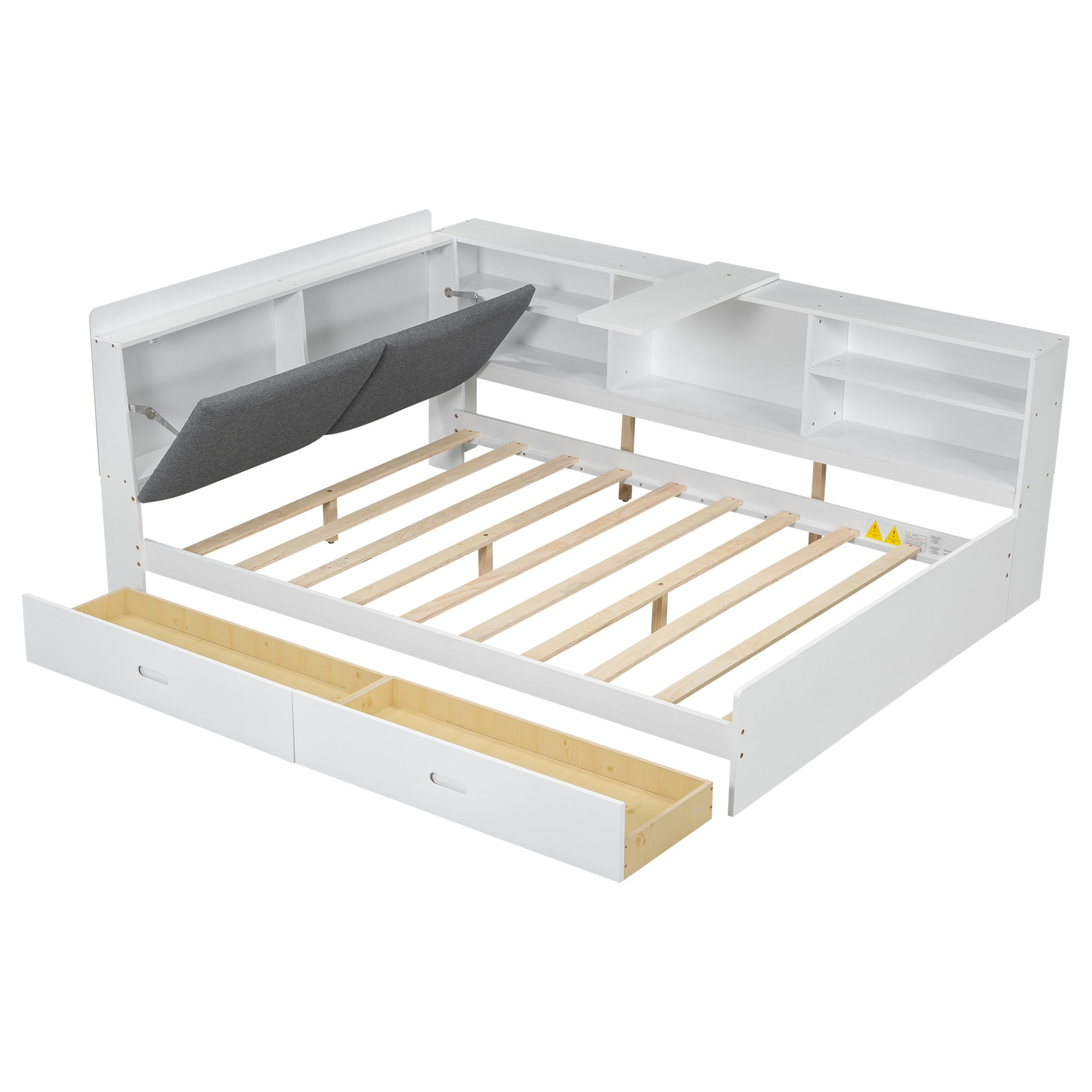 Noble House Wrene Full Size Wood Platform Bed, Storage Headboard Shelves with 2 Drawers and Rotatable Board, White