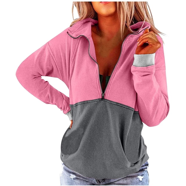 Mujeres Otoño Invierno Patchwork Cuello en V Cremallera Manga larga Tops Jersey Blusa Sudaderas Pompotops gfhjh20651