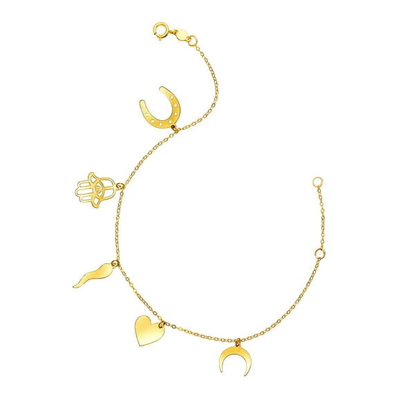 14k Yellow Gold 7 inch Bracelet with Polished Charms 7 in