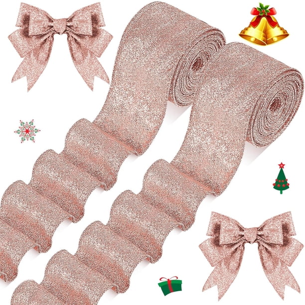 2 Rollos de Cintas de Navidad Listones Gruesos con Purpurina Cinta Metálica con Cable para Envolver Regalos San Valentín Ramo Bricolaje Manualidades Navidad