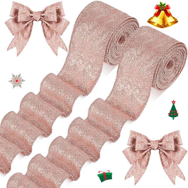2 Rollos de Cintas de Navidad Listones Gruesos con Purpurina Cinta Metálica con Cable para Envolver Regalos San Valentín Ramo Bricolaje Manualidades Navidad