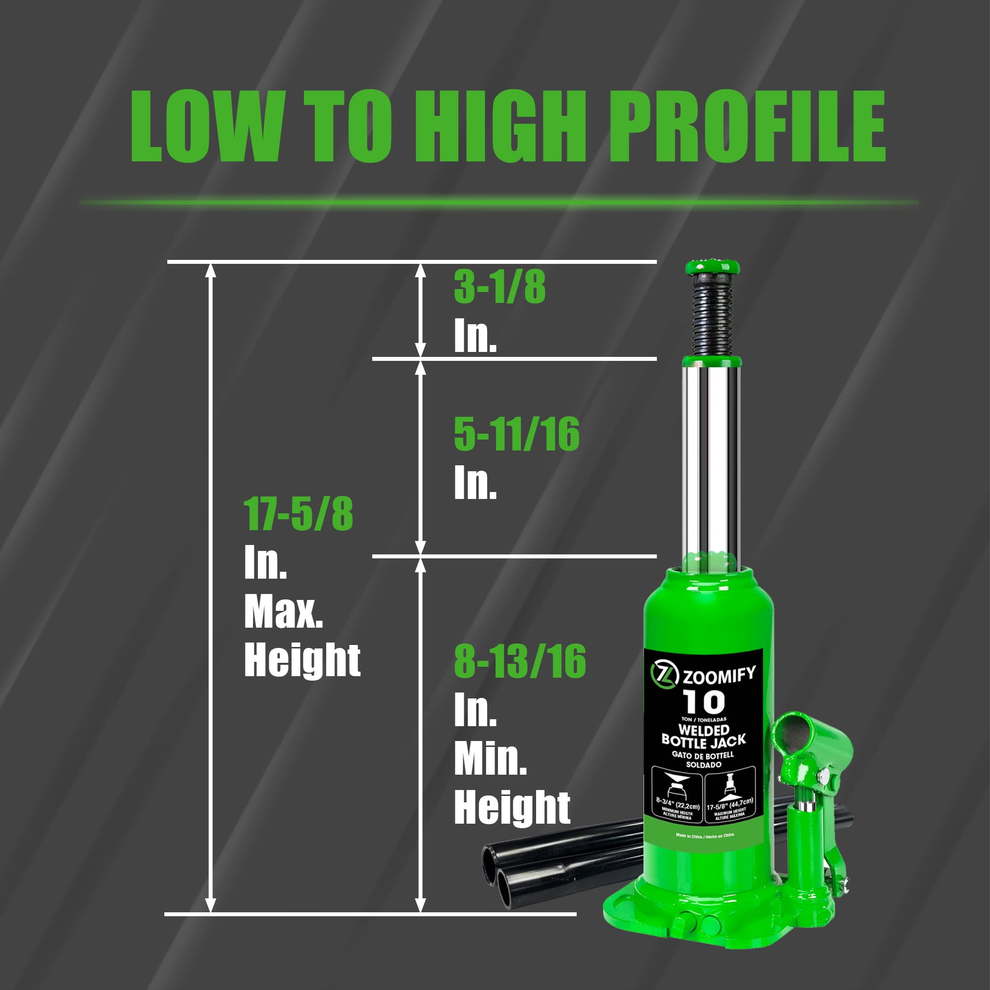 ZOOMIFY  10 Ton Bottle Jack Hydraulic Car Jack, Fit for Auto Truck Repair and House Lift, Green