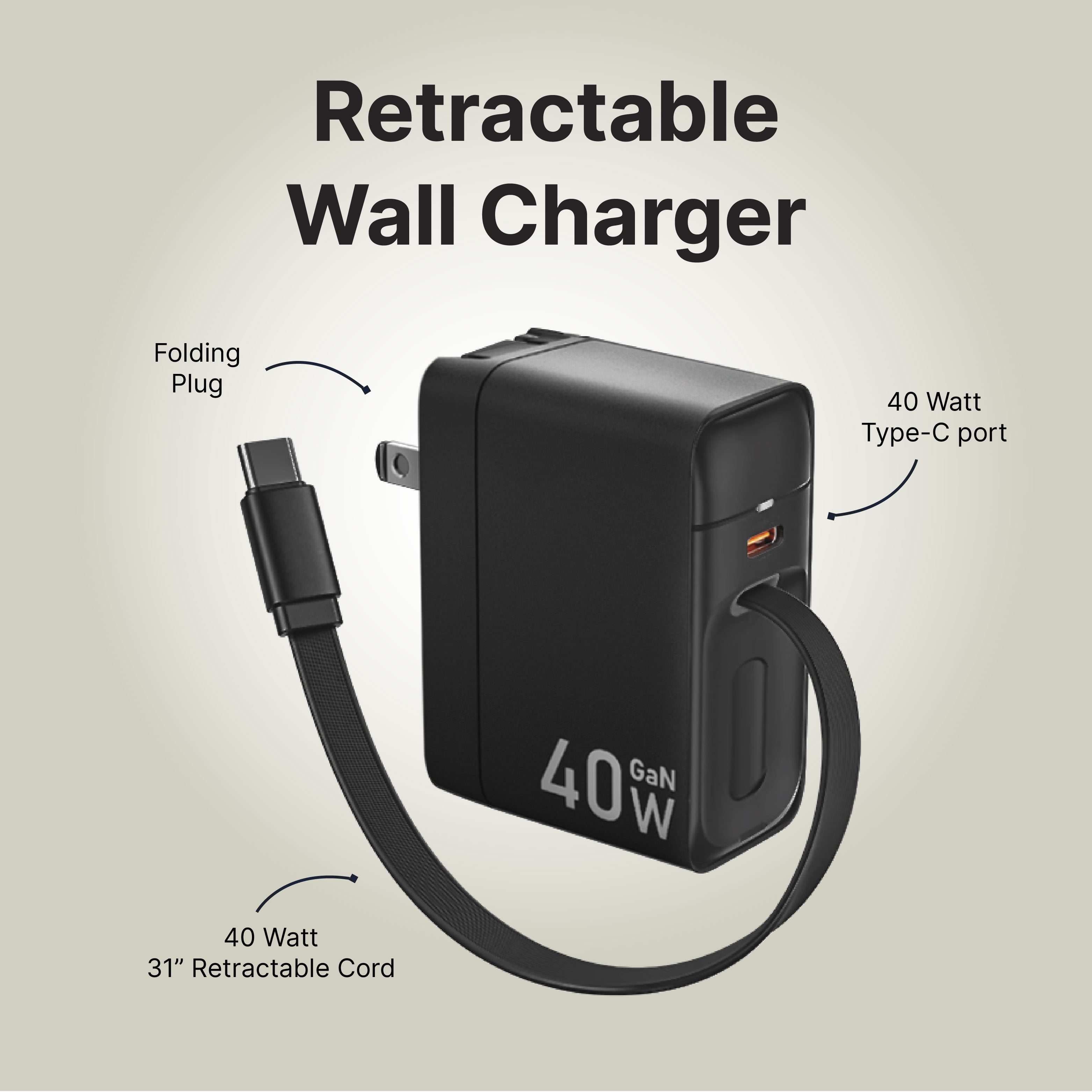 It's Just Smart Retractable Wall Charger, 40W Compact Plug, Built-in Type-C, Portable, iPhone, Samsung, Pixel