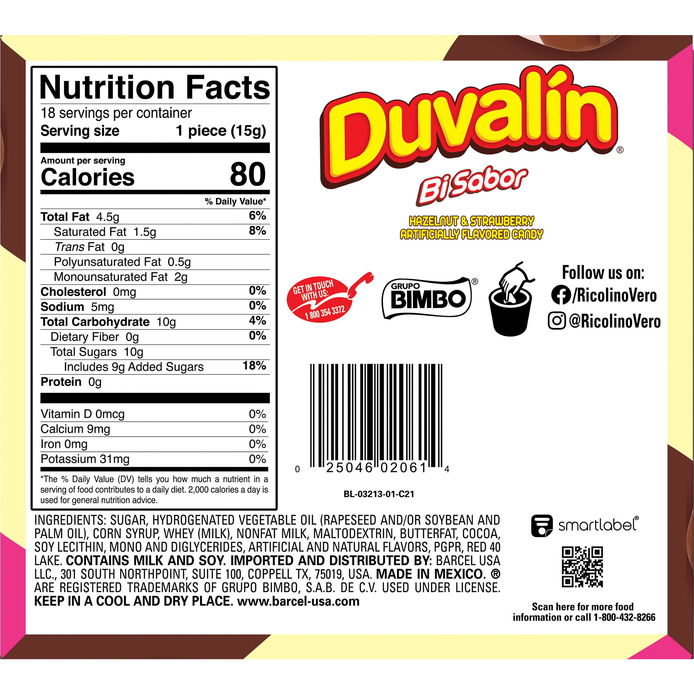 (5 pack) Ricolino Duvalin Hazelnut and Strawberry Candy Spread, 9.36 oz, 18 Count Box