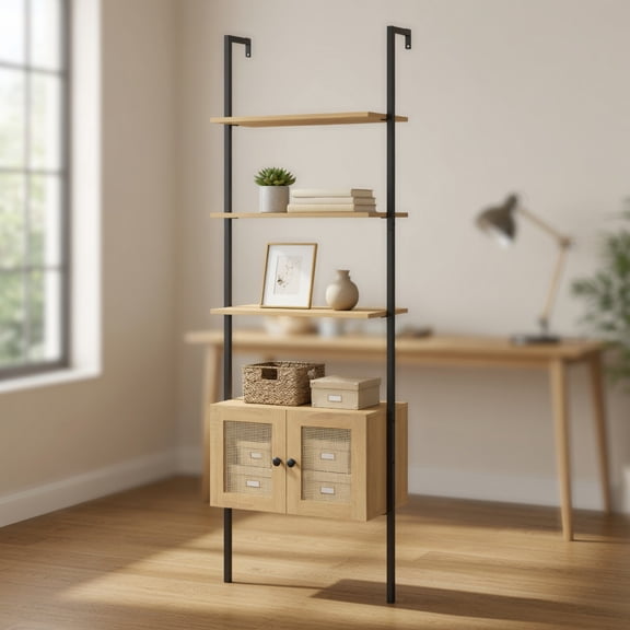 Spaco 5-Tier Ladder Bookcase - Metal Frame Ventilated, Rattan Cabinet Home Storage, Natural