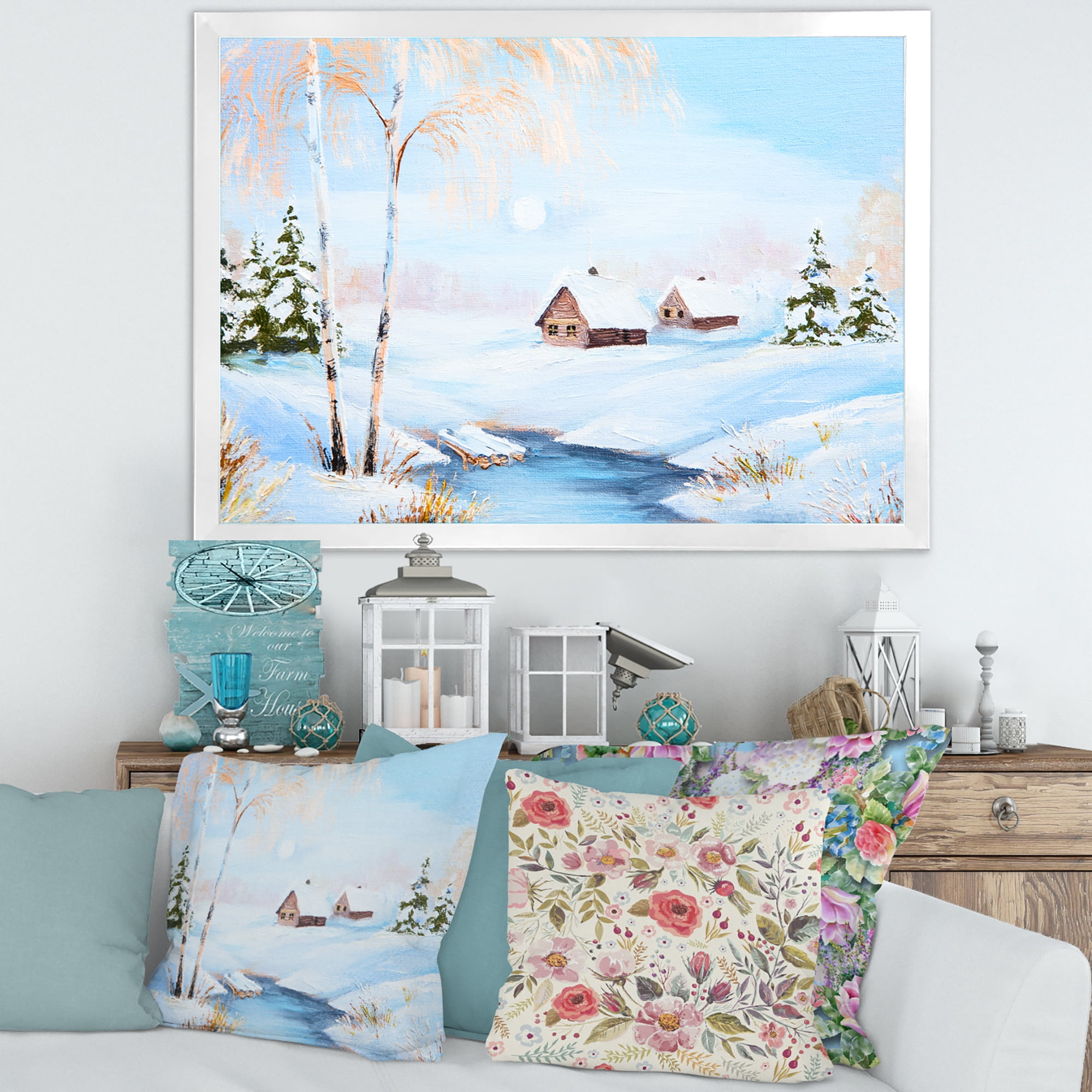 Designart 'Frozen River In The Forest Winter Landscape' Lake House Framed Art Print