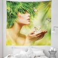 thumbnail image 1 of Women Tapestry, Lady with Grass Hair and Flying Butterflies Nature Queen Design Abstract Print, Fabric Wall Hanging Decor for Bedroom Living Room Dorm, 5 Sizes, Fern Green Peach, by Ambesonne, 1 of 1