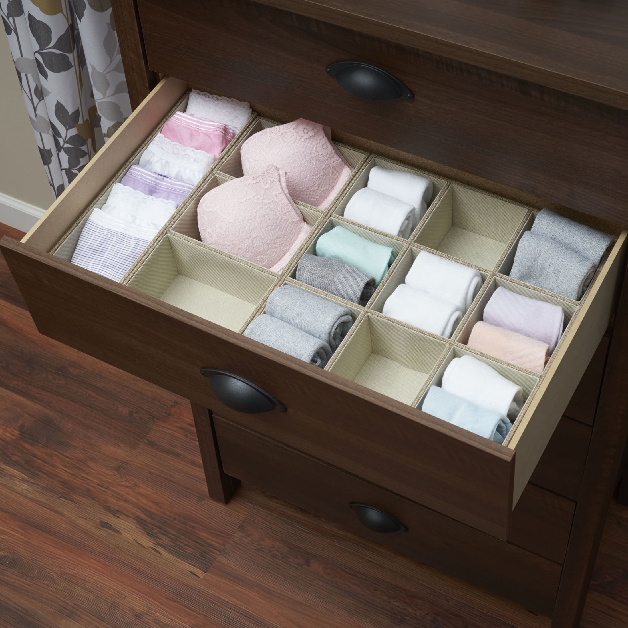 Household Essentials Organizer Tray, Accessory Organizer, Sturdy Drawer Organizer with Fabric Covering and Three Compartments, Tan