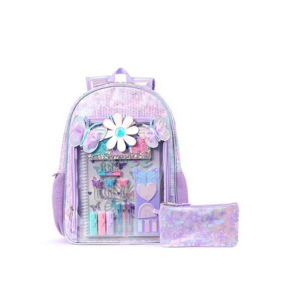 Schoolyard Vibes Girls' 17" Butterfly & Daisies Backpack & Stationary Set, Lavender