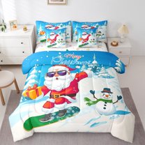 Feelyou Santa Claus Child Bedding Comforter Set 7-Piece, Merry Christmas King Bedding Sets, Kawaii Cartoon Snowman Reversible Bed Sheets, Microfiber Bedroom Decor