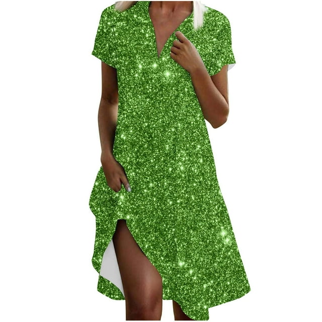 Vestido Corto de Manga Larga para Mujeres Brillante Impresión Cuello en V Suelto Cómodo, Vestido de Moda de Malla para Fiesta Y Ocasional
