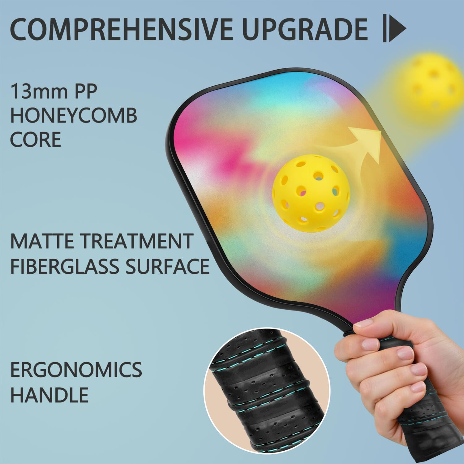 Pickleball Paddles Set Of 2, Fiberglass Surface, Neon Fluid Print, 4 Balls & Bag
