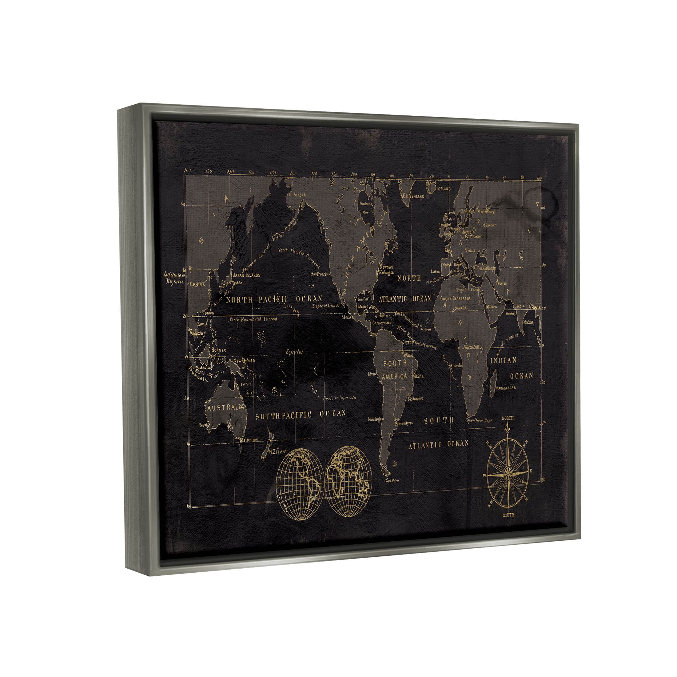 Stupell Industries Black Detailed World Map Graphic Art Luster Gray Floating Framed Canvas Print Wall Art, Design by Carol Robinson